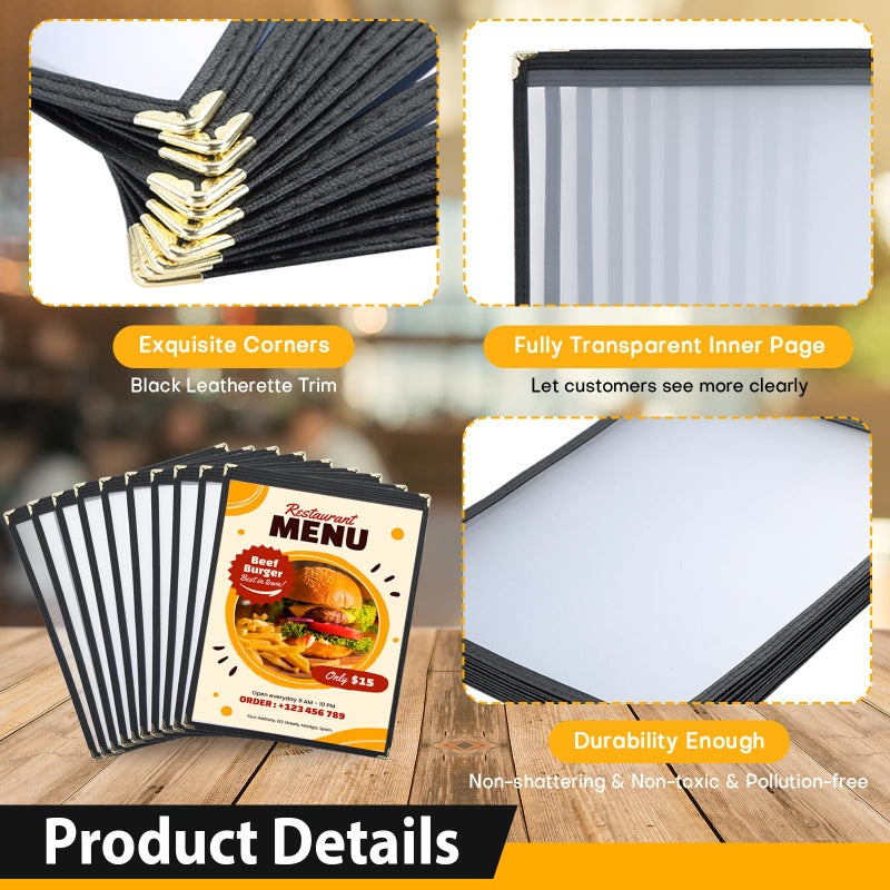 FLK Tech 8.5 x 11 Inch Menu Covers, 10 Pack 1 Page 2 View Menu Holder, Restaurant Menu Cover Fits 8 1/2" x 11" Paper, Double Stitched Restaurant Menu Sleeves, Wine Menu - Image 3